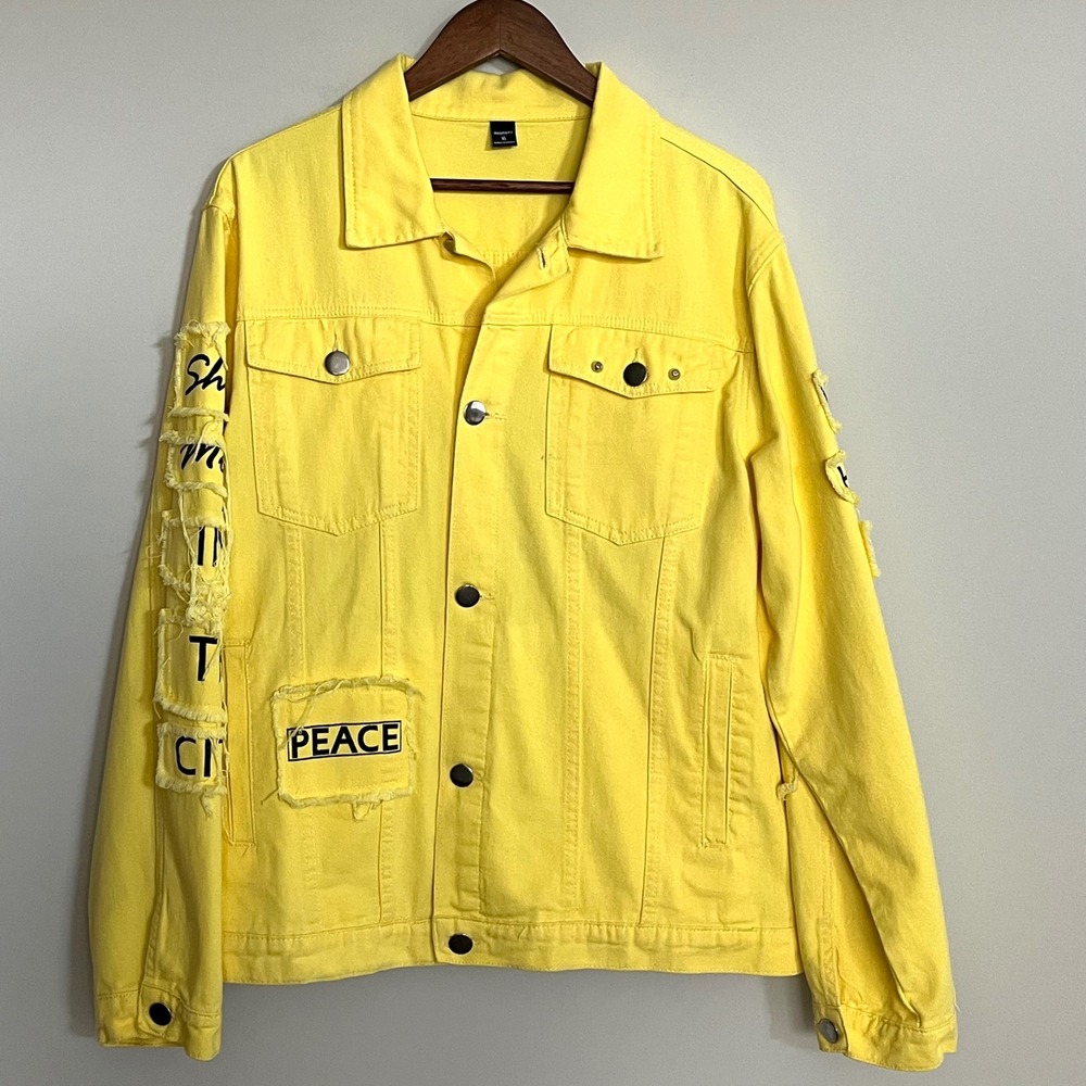 Manfinity Mens Yellow Distressed Denim Jacket Peace Graphic Patch XL